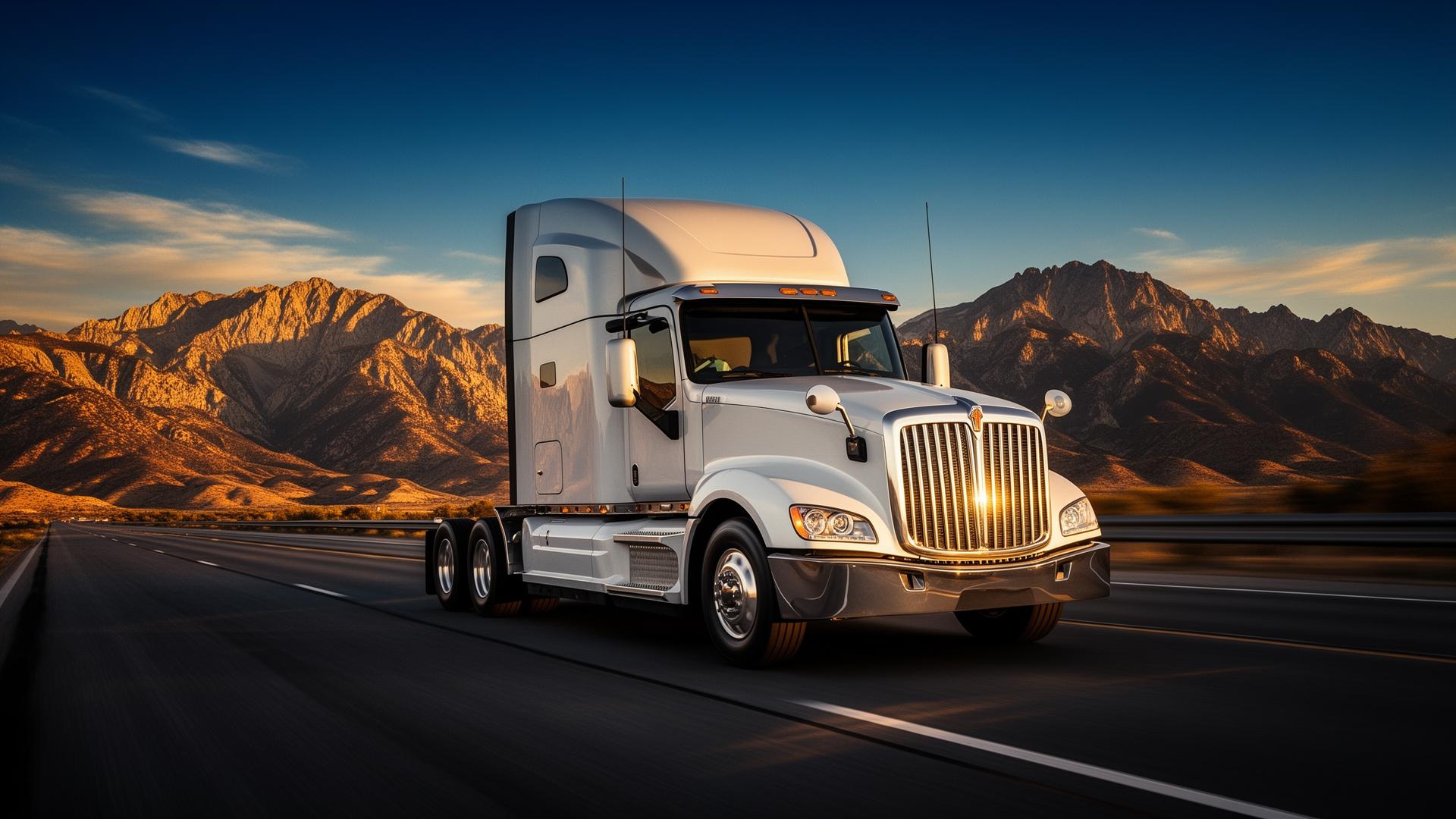 Semi truck on highway at sunset